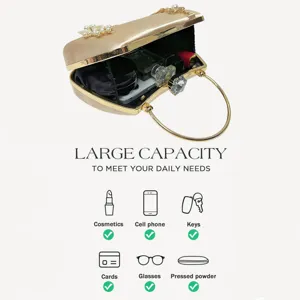 Elegant evening clutch bag detail showcasing large inner capacity for daily essentials and cosmetics.