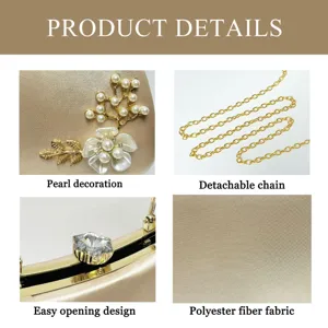 Elegant satin evening bag with pearl floral decor, detachable chain and secure clasp.