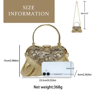 Elegant gold rhinestone evening handbag with chain strap, luxury party clutch purse for women.