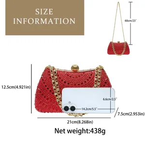 Red rhinestone evening clutch bag with gold chain strap, elegant sparkly luxury bridal purse.