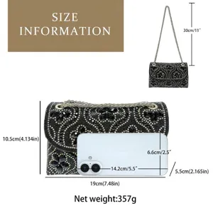 Black rhinestone evening bag with chain strap, exquisite crystal flower design, size specs included.