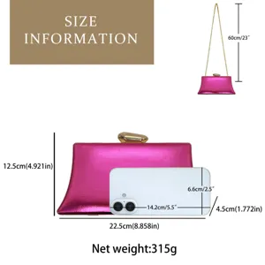 Detailed size information of the elegant metallic evening clutch bag with chain strap and measurements.
