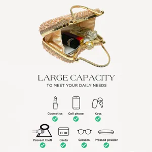 Pearl rhinestone evening clutch bag capacity display detail showing interior space and daily items.