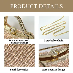 Detailed view of pearl evening bag featuring diamond encrusted handle and detachable chain.