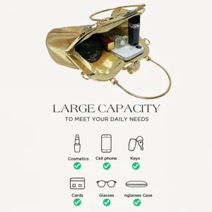 Gold rhinestone evening handbag with metal ring handle, spacious interior for daily essentials.