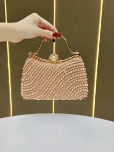 Elegant Pearl Rhinestone Evening Bag Luxury Metallic Handle Crossbody Chain Handbag Women Wedding Party Clutch Bag