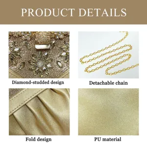 Elegant gold evening clutch bag featuring dazzling rhinestones, pleated PU and a chic chain.