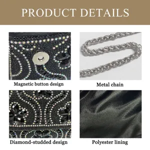 Detailed view of women rhinestone evening bag showing magnetic button, metal chain, and lining.
