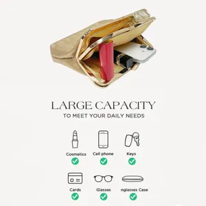 Gold evening clutch bag capacity display detail showing phone and lipstick storage space