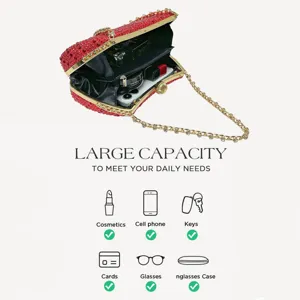 Red crystal evening clutch detail showing spacious interior capacity for daily essentials.