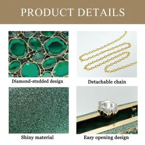Detailed view of the rhinestone evening clutch, featuring sparkling glitter fabric and a chain.