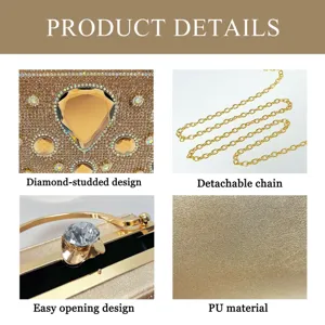 Vue detaillee du sac de soiree en strass montrant des diamants scintillants et texture en cuir.