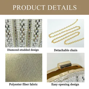 Elegant evening clutch bag featuring pearl and diamond studded design with detachable gold chain.