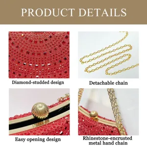 Close-up details of red rhinestone clutch bag featuring diamond-studded design and gold chain.