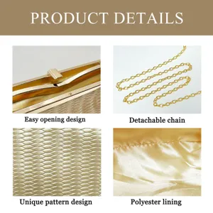Gold evening clutch detail shots showing metal clasp, chain strap, pattern, and lining.