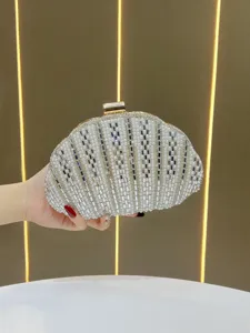 Women Rhinestone Artificial Pearl Shell Evening Bag Elegant Metallic Chain Crossbody Bag Wedding Party Clutch