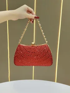 Red rhinestone evening clutch bag with gold chain strap luxury elegant party handbag for women
