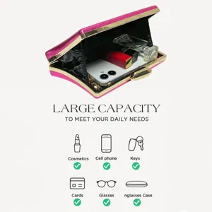 Detailed view of pink evening clutch bag interior capacity holding phone and daily essentials.