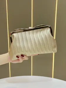Elegant Women PU Leather Woven Evening Bag Luxury Chain Crossbody Shoulder Bag Chic Metal Lock Clutch Handbag For Party Wedding
