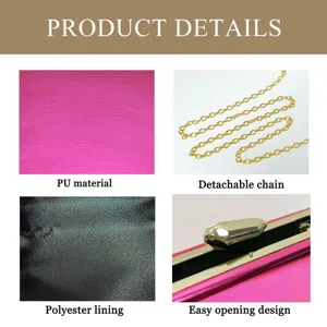 Elegant evening clutch bag with PU material, detachable chain and secure metal lock design.