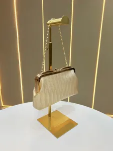 Exquisite woven evening clutch bag with metallic frame detail, ideal for party display.
