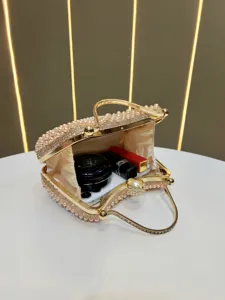 Elegant pearl rhinestone evening clutch bag for women luxury gold frame handbag
