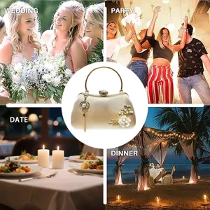 Elegant champagne evening clutch bag with pearl floral decor and tassel pendant for party.
