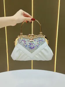 Elegant white rhinestone evening clutch bag with golden metal round handle for women party