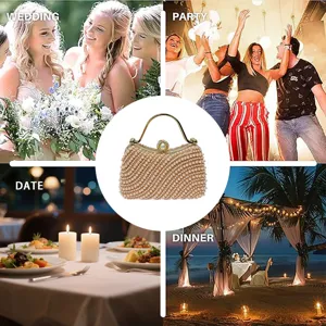 Elegant pearl evening bag with metal handle and clasp, perfect for weddings, parties and dates.