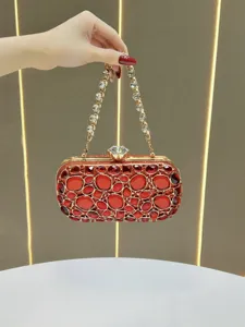 Elegant red crystal evening clutch bag with sparkling rhinestone chain for women banquets.