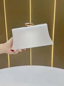 White evening clutch detail, elegant hard-case design with gold clasp for party wear.