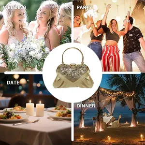 Gold rhinestone evening clutch bag elegant wedding party metal handle shoulder handbag