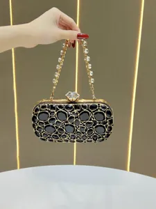 Exquisite black rhinestone evening clutch bag detailed view, elegant metal chain strap.