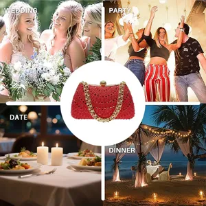 Red rhinestone evening clutch bag with metal chain for wedding party and dinner events.