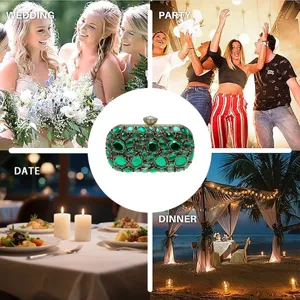 Exquisite green rhinestone evening clutch bag with vintage metal frame for formal party wear.