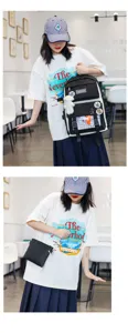 Japanese canvas school backpack set with cute plush bear pendant and badge details