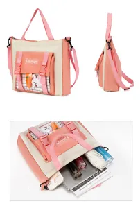 Korean style canvas tote shoulder bag for women, cute rabbit doll and multi pockets casual bag.