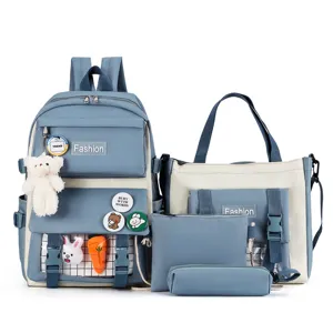 Korean style canvas school backpack set for students, multi-piece set with cute pendants.