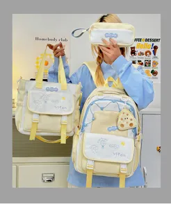 Set de sac à dos d'école jaune et blanc mignon avec fourre-tout et trousse pour filles.