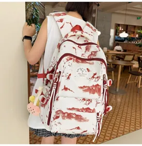 Grand sac à dos de école en toile avec imprimé de paysage chinois rouge élégant pour étudiantes.