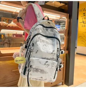 Grand sac à dos d'étudiant avec imprimé paysager à l'encre, cartable d'épaule en toile durable