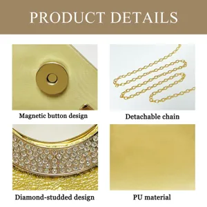 Dettagli della borsa da sera di lusso con strass, chiusura magnetica e catena rimovibile.