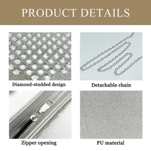 Dettaglio ravvicinato della borsa da sera in strass con catena, zip e materiale PU.