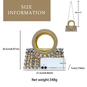 Elegant rhinestone evening handbag with top handle and chain strap, detail size display.