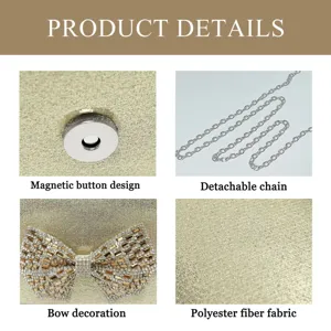 Gold evening clutch bag detail view showcasing bow decoration and detachable chain strap.