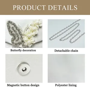 Detailed view of women evening bag with rhinestone butterfly decor, chain and magnetic snap.