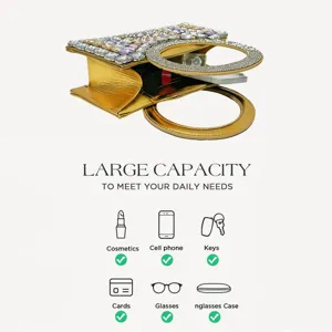 Gold rhinestone evening bag with round handle showing large capacity and daily essentials inside.