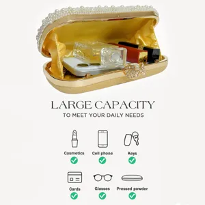 Elegant Pearl Evening Clutch Bag with Large Capacity for Wedding Party Gold Purse