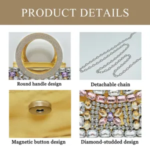 Close-up details of luxury rhinestone evening bag featuring round handle and metal chain.