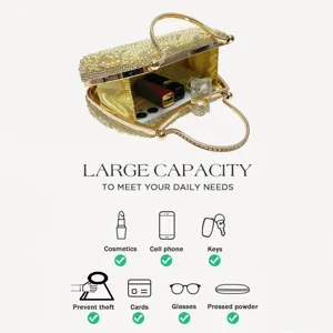 Vintage rhinestone pearl evening clutch bag with metal ring handle and large capacity design.